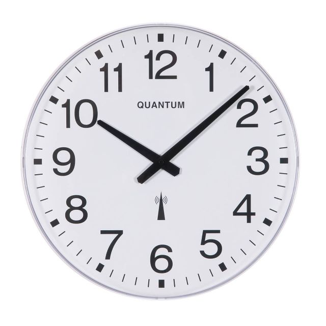 White plastic cased clock with shatterproof front lens, white dial with black Arabic numerals with hour, minute and second hands