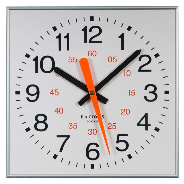 Square faced time of day clock with second hand